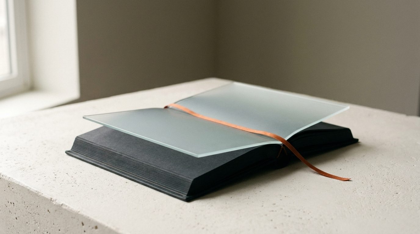 An open book with a pane of frosted glass resting above its pages