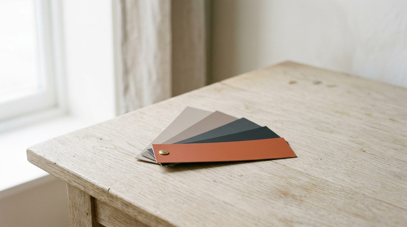 A paint chip fan opened to a narrow range of muted tones plus one orange