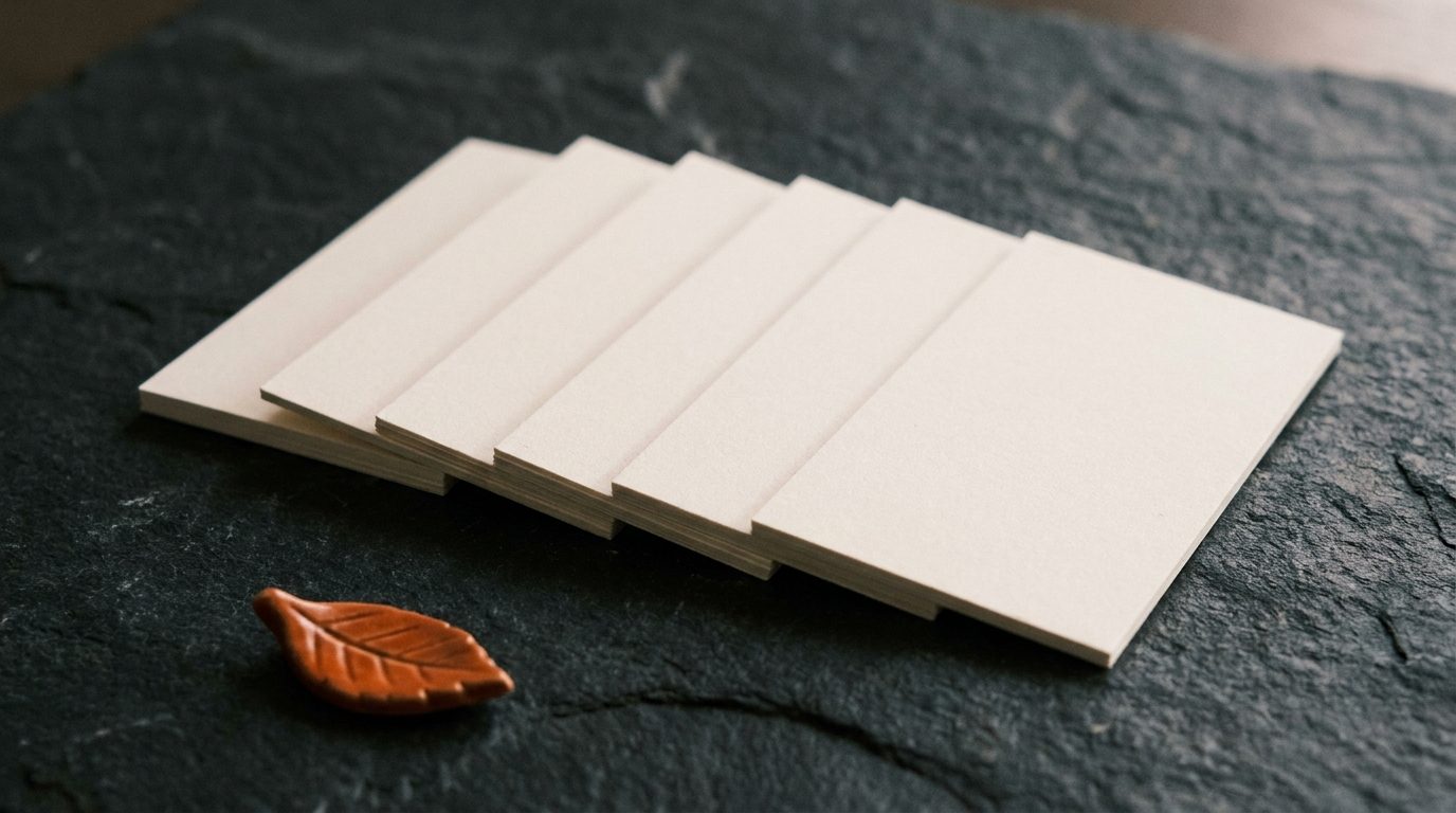Six identical blank cards fanned in a precise row