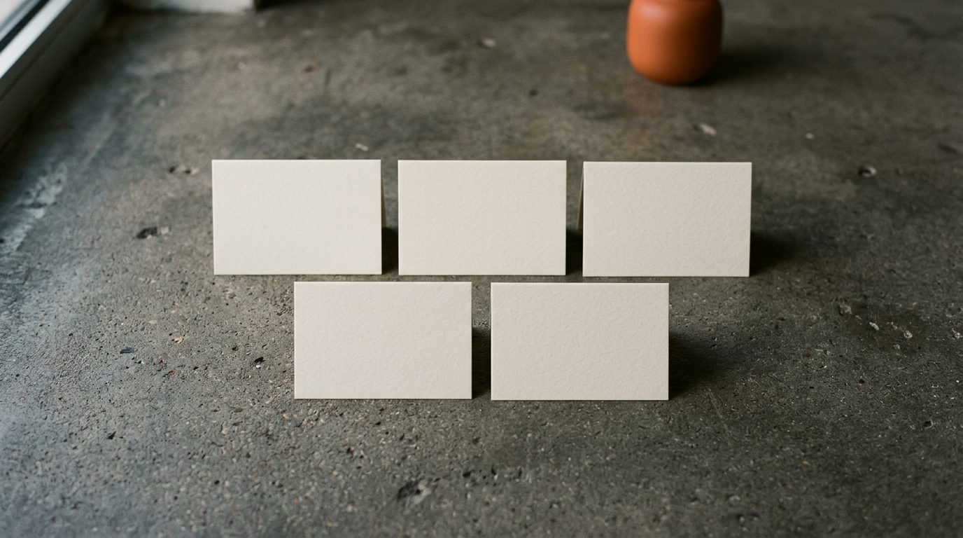 Five blank cards arranged with three above and two below