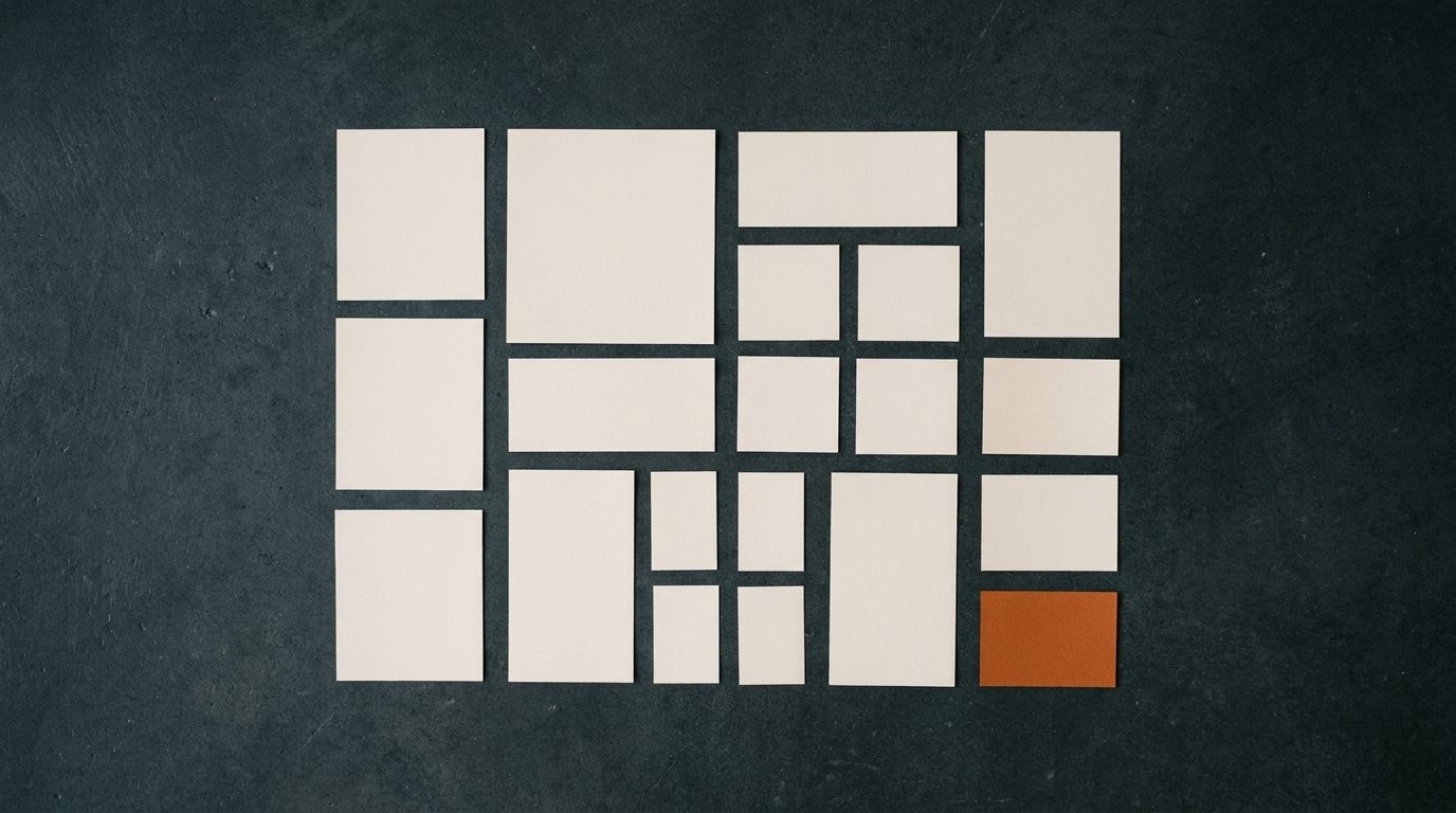A grid of blank rectangles of varying sizes, one filled orange