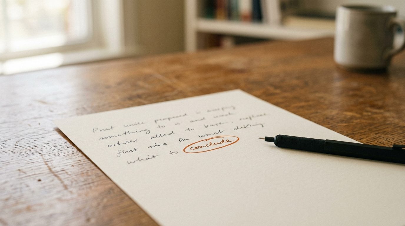 A handwritten page on a desk with one word circled in orange