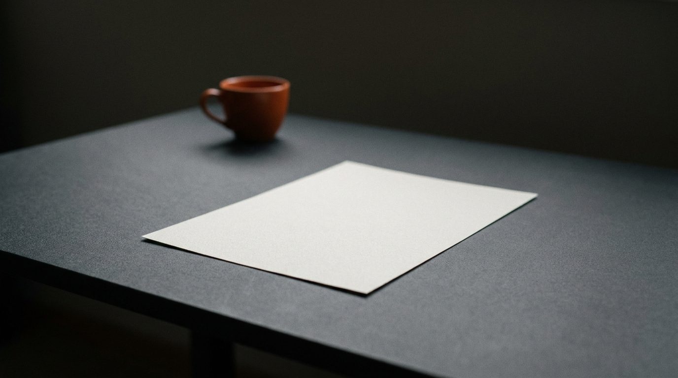 A single sheet of paper centred on a wide, cleared dark desk