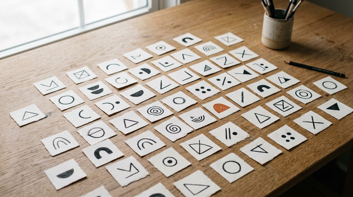 Dozens of small paper squares, each bearing a different simple abstract mark