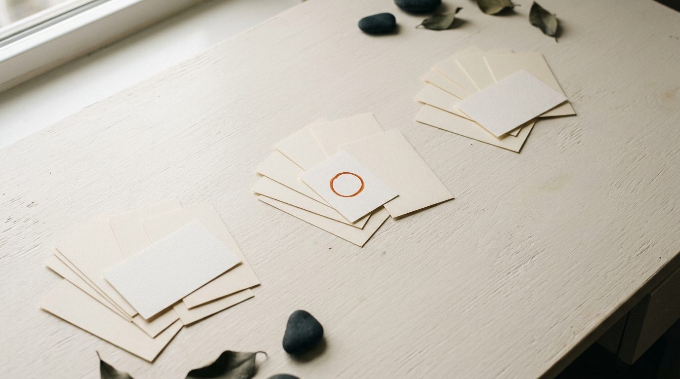 Paper slips sorted into three separate groups on a pale surface, one circled in orange