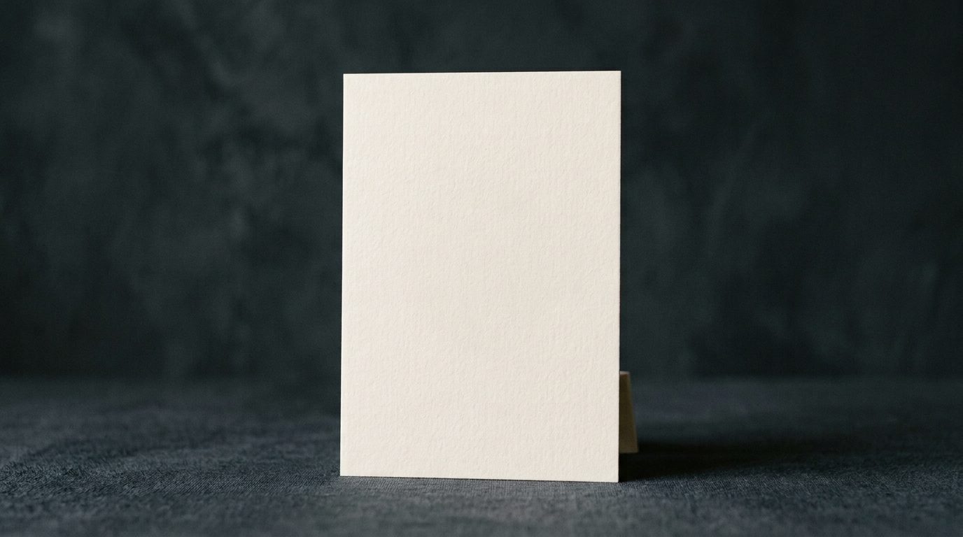A single blank cream card standing upright against a dark background