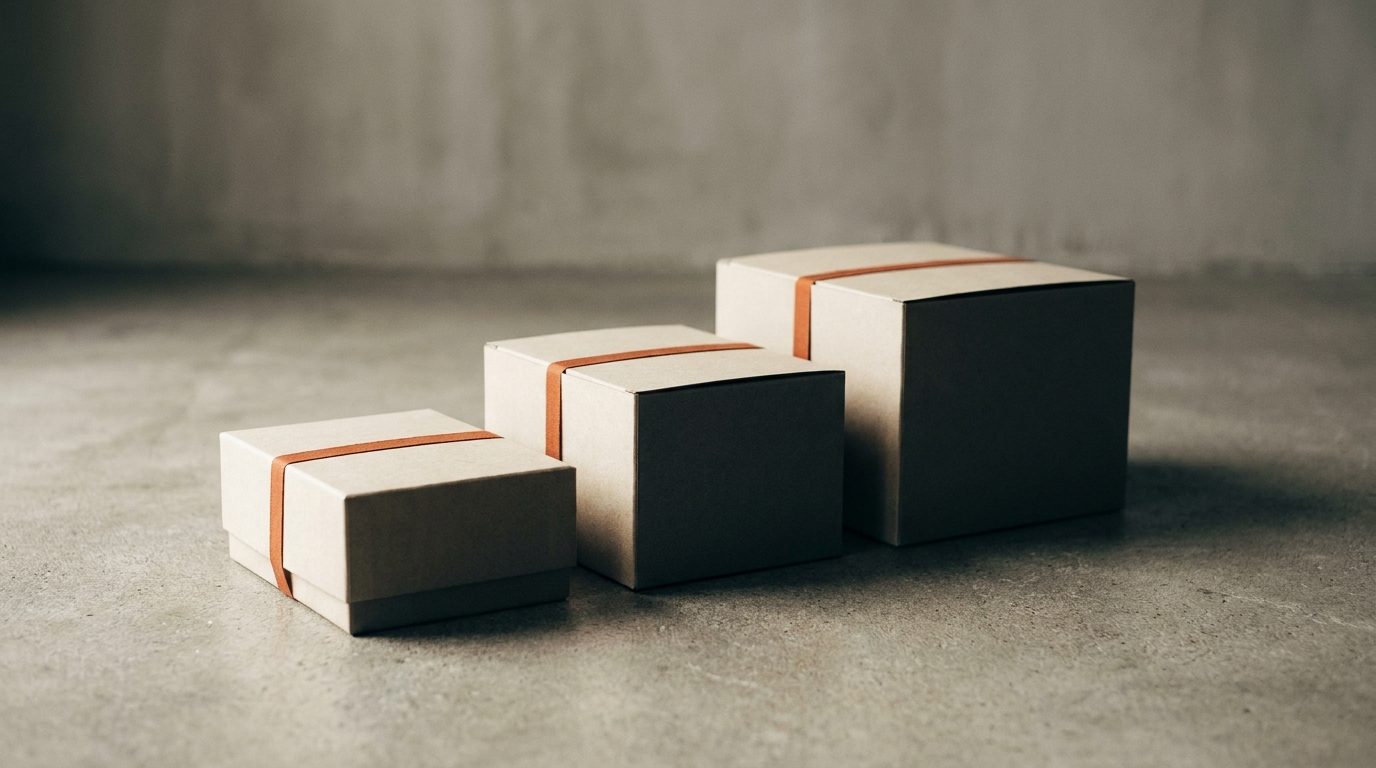 Three sealed boxes of increasing size arranged in a row