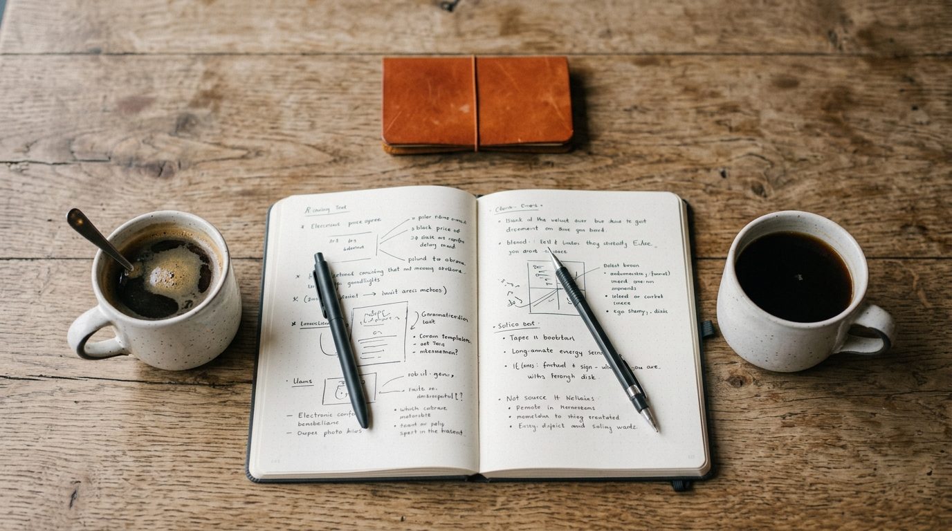 Two coffee cups either side of a shared open notebook