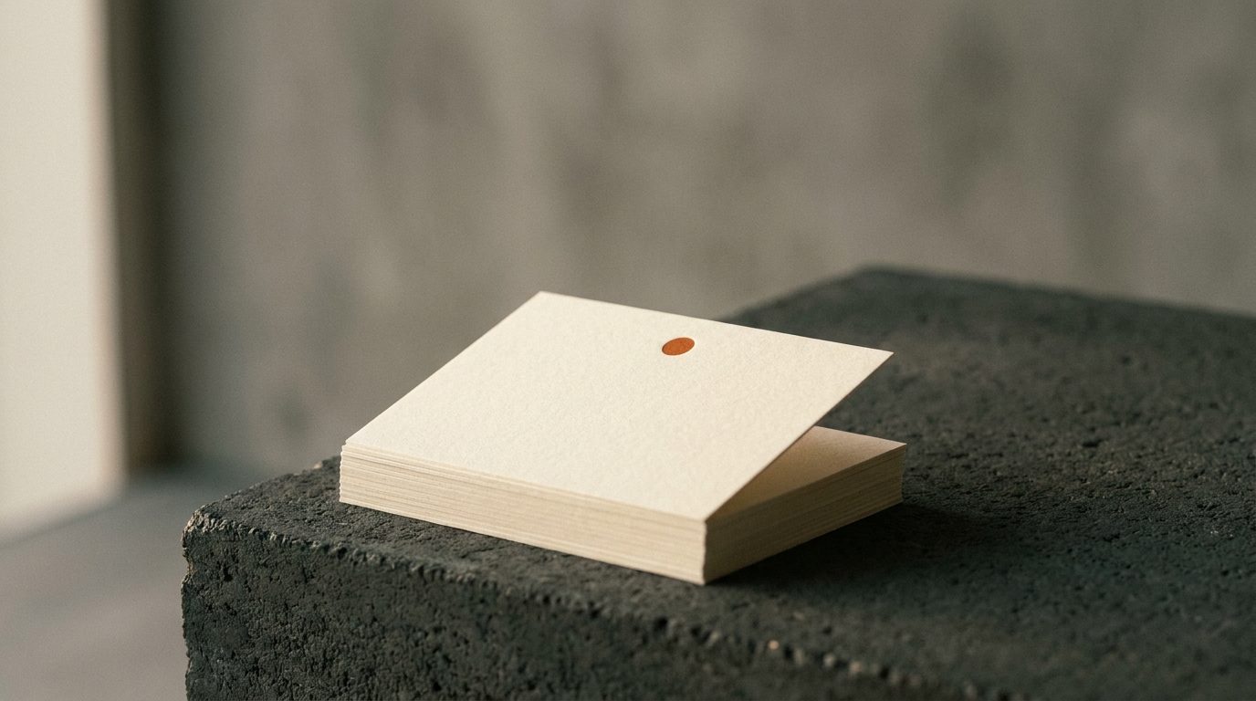 A stack of pale cards with the top one lifted, marked by a single orange dot