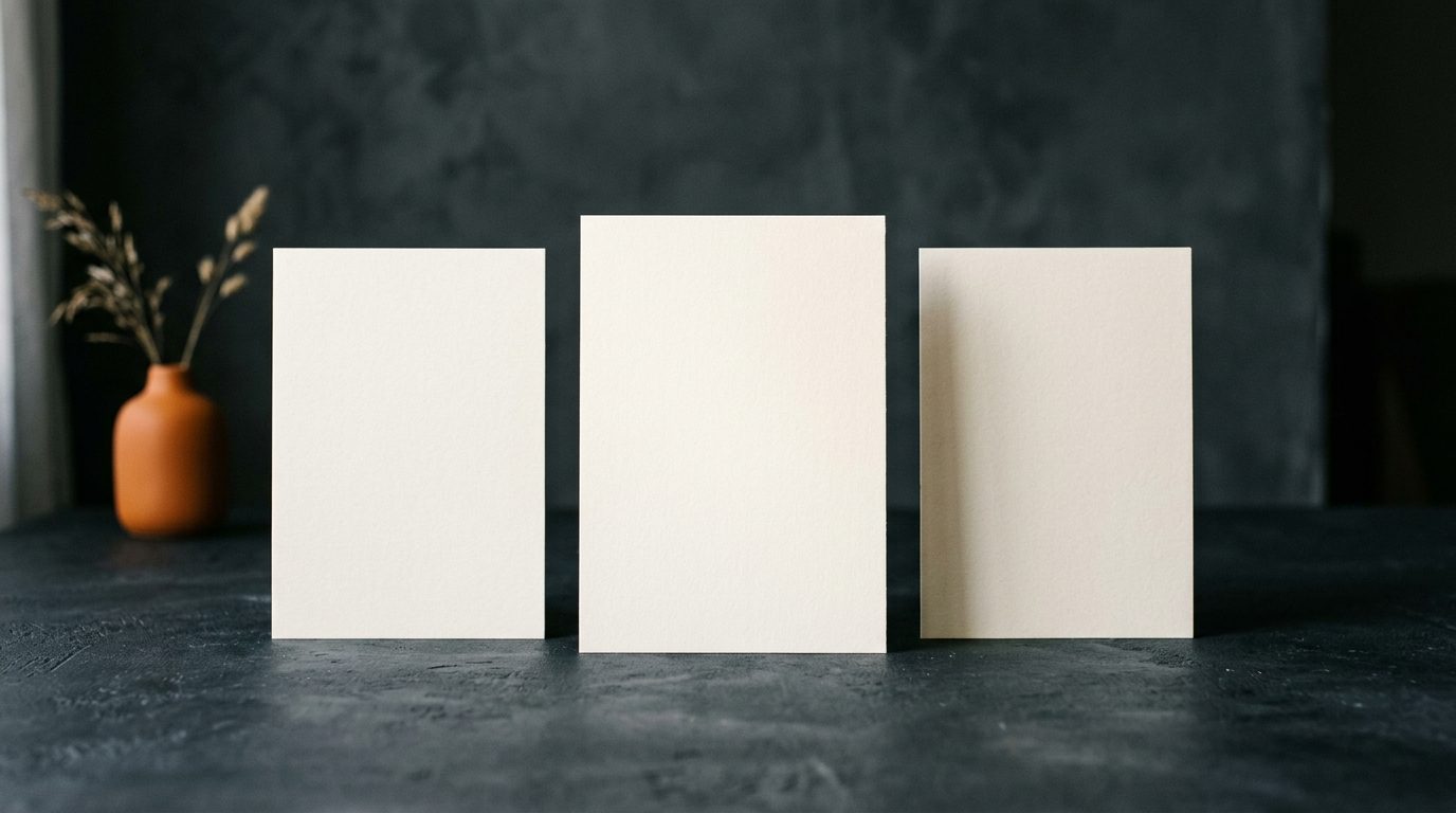 Three blank cards standing in a row, the middle one slightly taller and forward