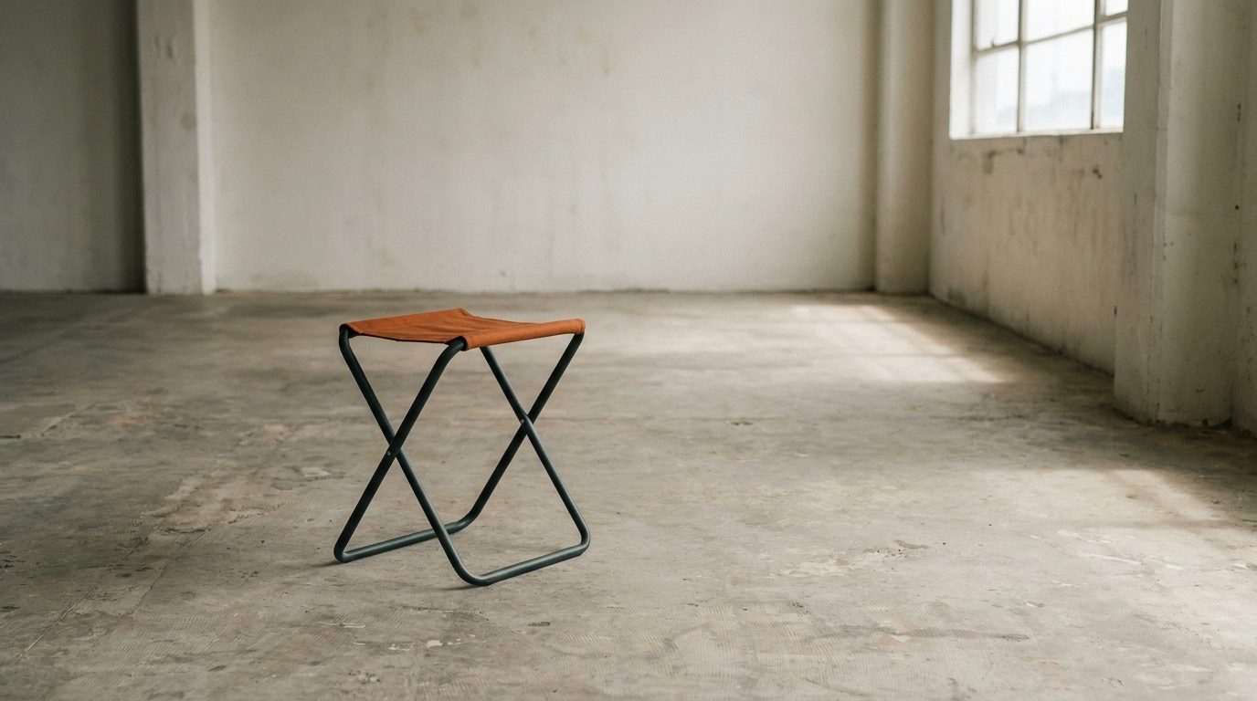 A lightweight folding stool standing alone in an empty concrete room