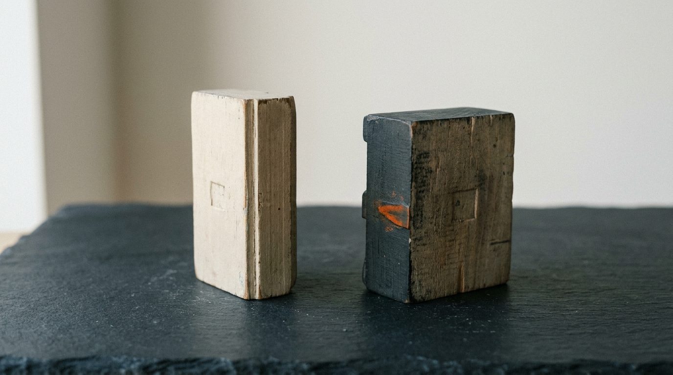 Two wooden type blocks standing side by side, one pale and one dark